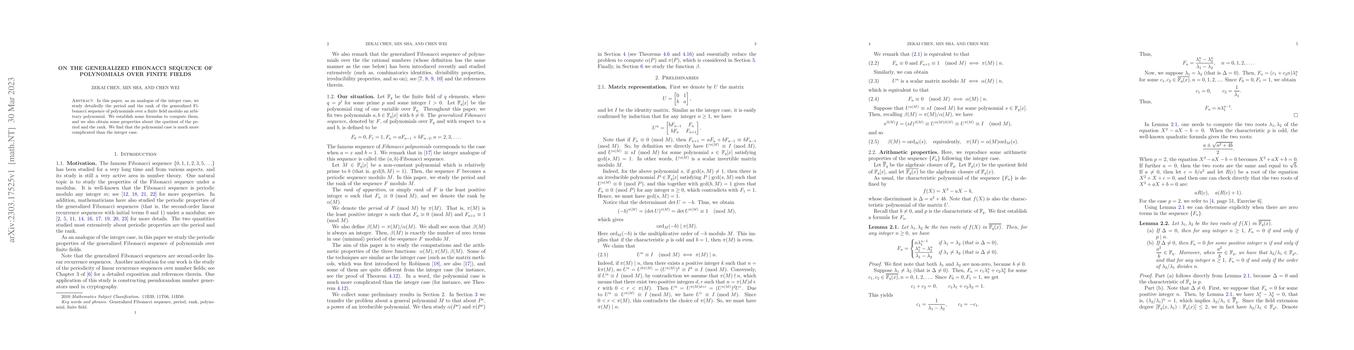 Thumbnail for On the generalized Fibonacci sequence of polynomials over finite fields
