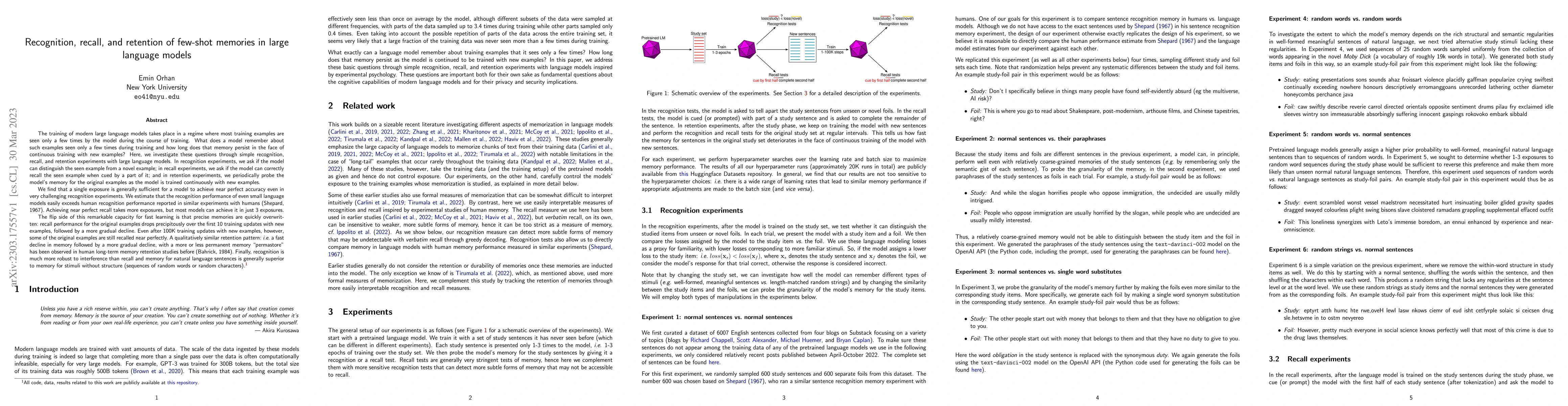 Thumbnail for Recognition, recall, and retention of few-shot memories in large
  language models