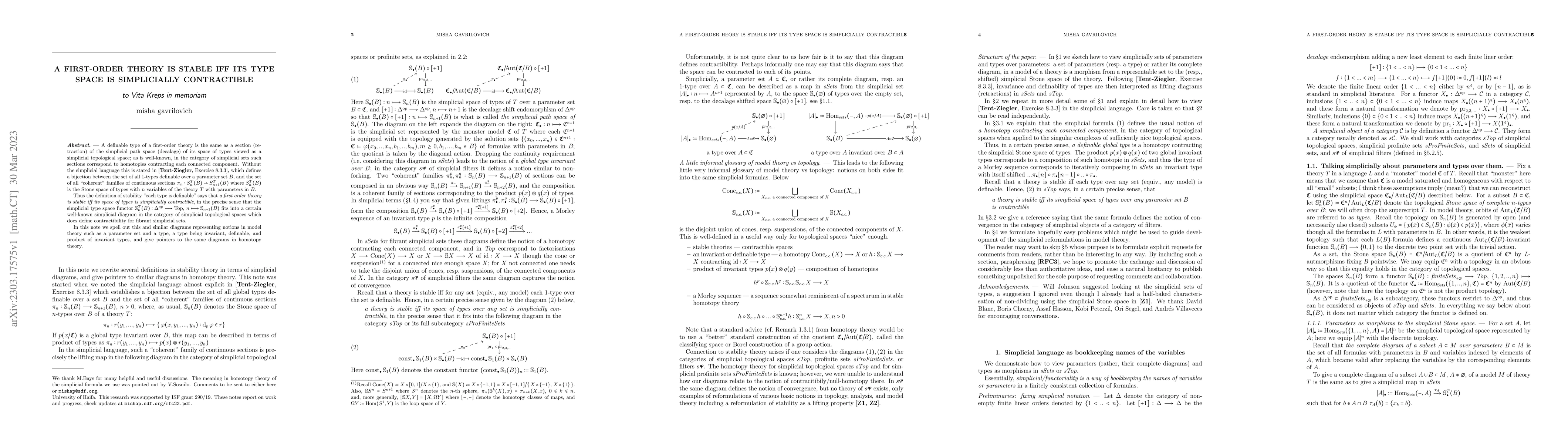 Thumbnail for A first-order theory is stable iff its type space is simplicially
  contractible