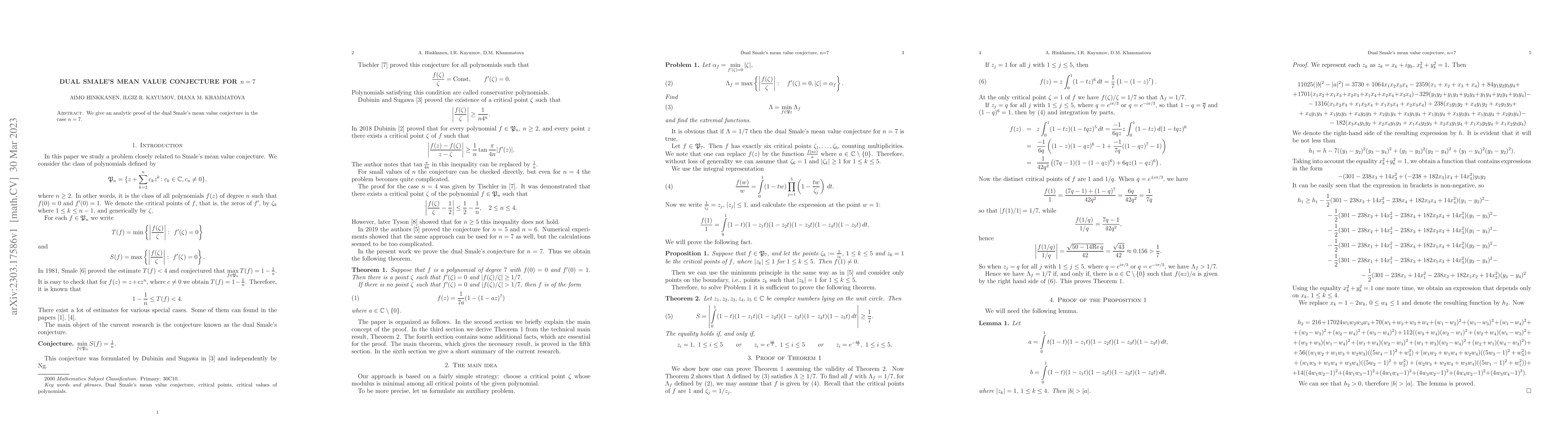 Thumbnail for Dual Smale's mean value conjecture for $n=7$