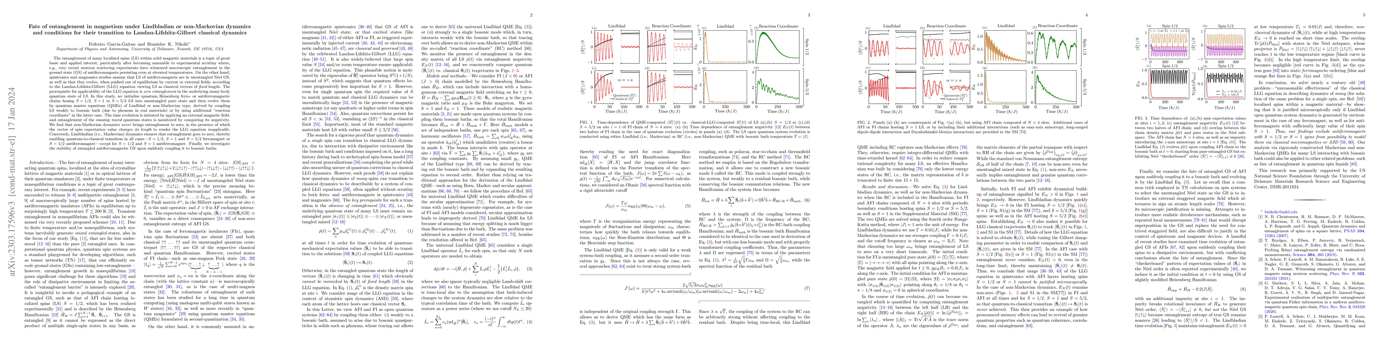 Thumbnail for Fate of entanglement in magnetism under Lindbladian or non-Markovian
  dynamics and conditions for their transition to Landau-Lifshitz-Gilbert
  classical dynamics