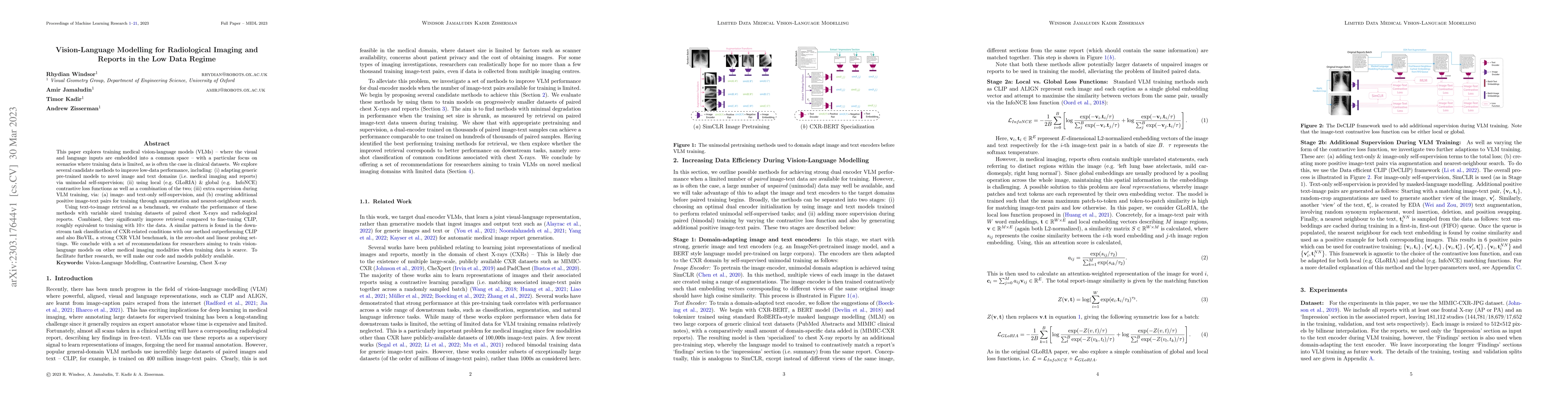 Thumbnail for Vision-Language Modelling For Radiological Imaging and Reports In The
  Low Data Regime