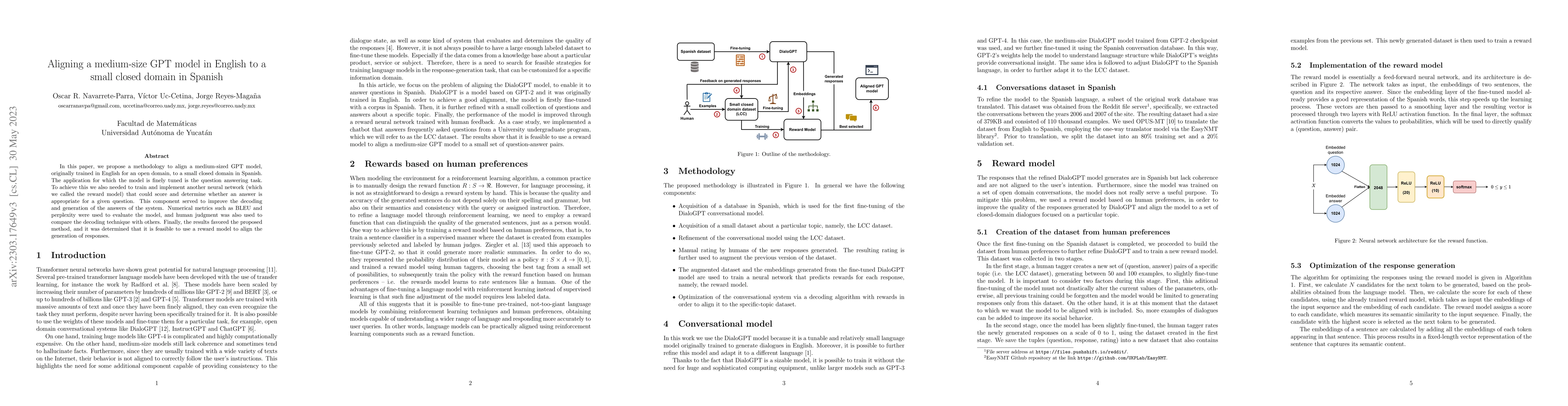 Thumbnail for Aligning a medium-size GPT model in English to a small closed domain in
  Spanish
