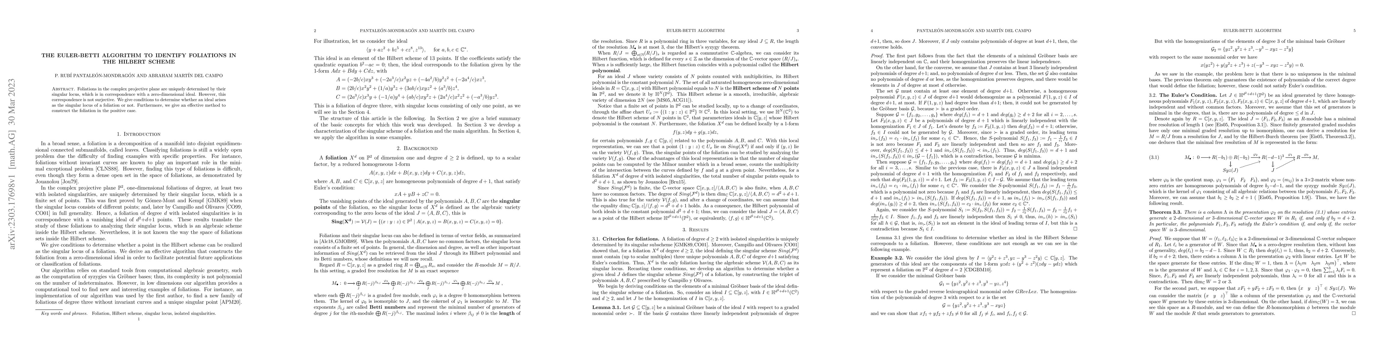 Thumbnail for The Euler-Betti Algorithm to identify foliations in Hilbert Scheme