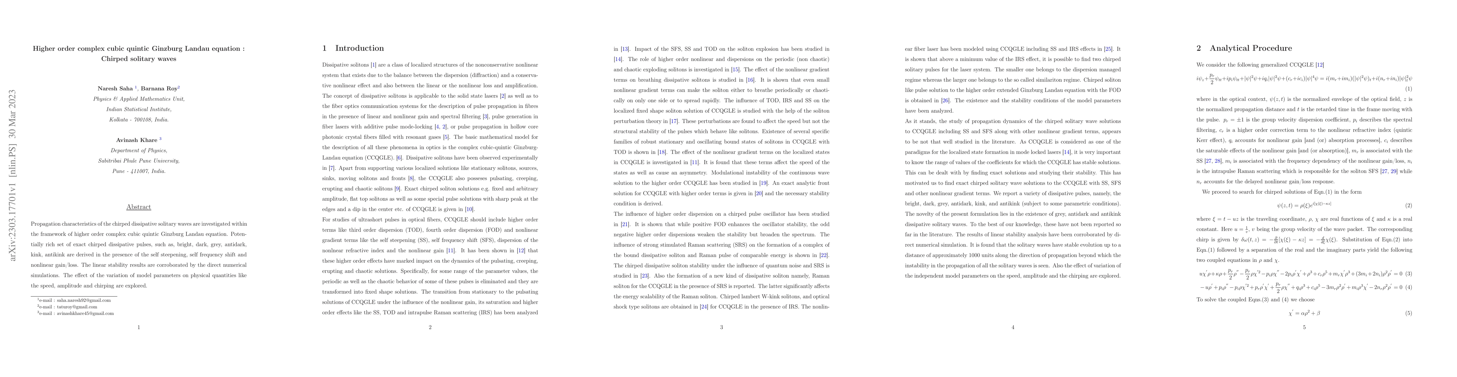 Thumbnail for Higher order complex cubic quintic Ginzburg Landau equation : Chirped
  solitary waves