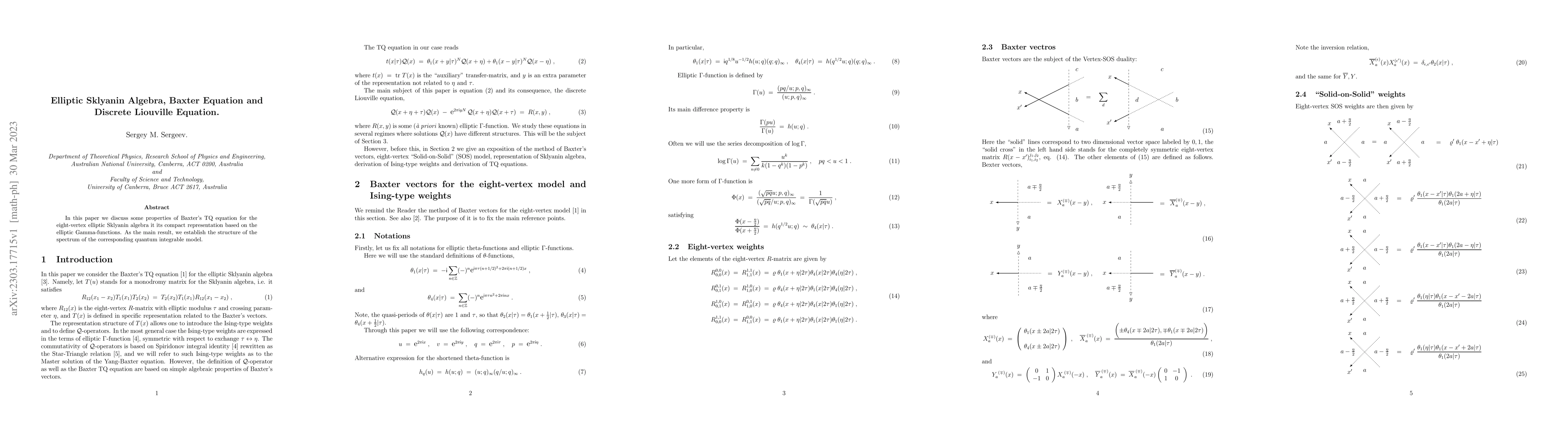 Thumbnail for Elliptic Sklyanin Algebra, Baxter Equation and Discrete Liouville
  Equation