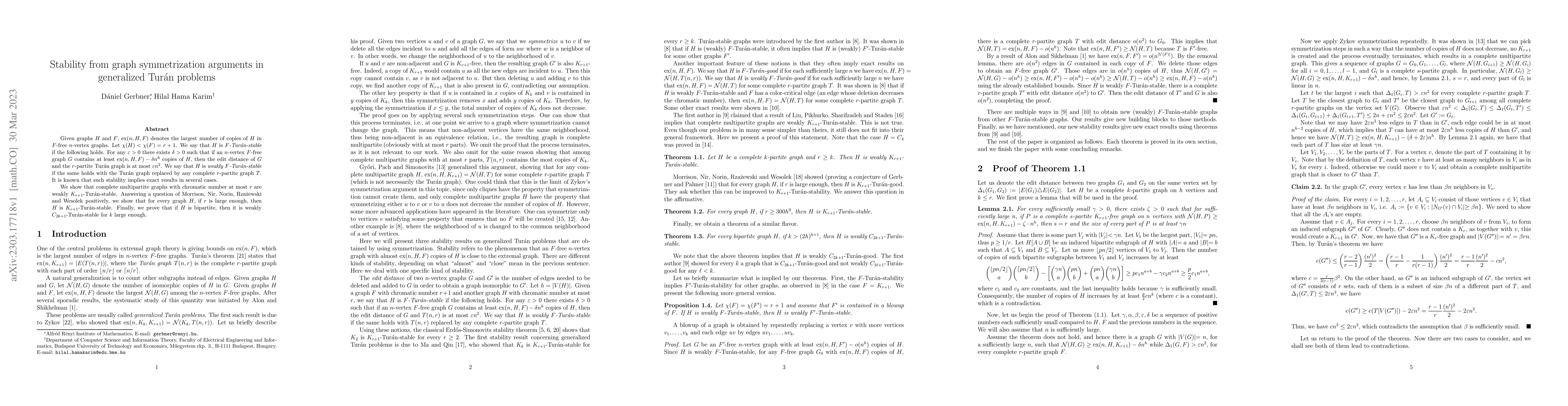 Thumbnail for Stability from graph symmetrization arguments in generalized Tur\'an
  problems