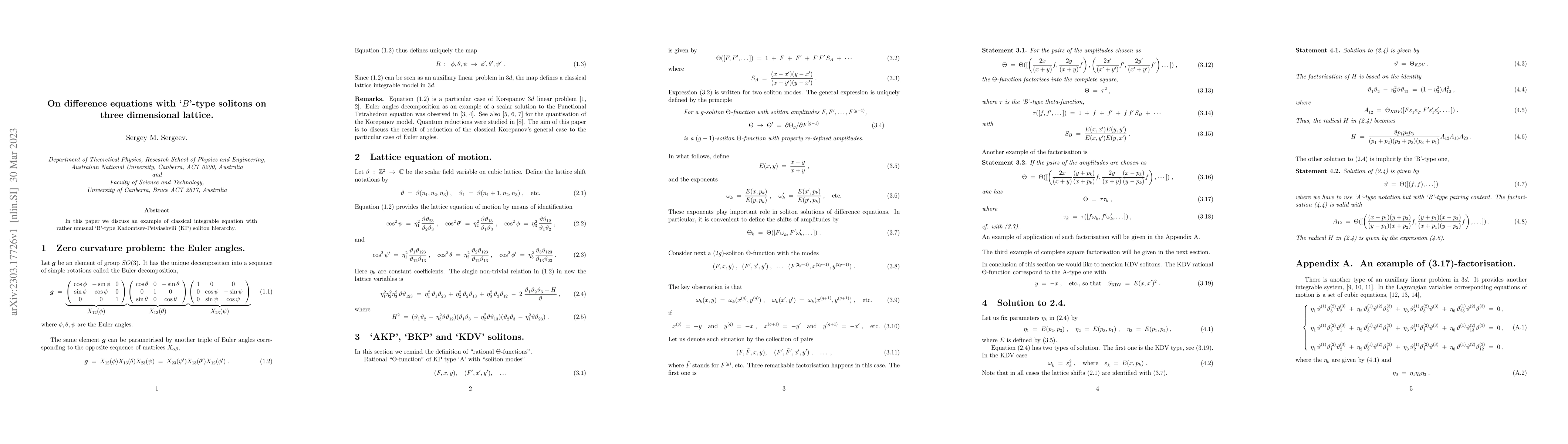 Thumbnail for On difference equations with `$B$'-type solitons on three dimensional
  lattice