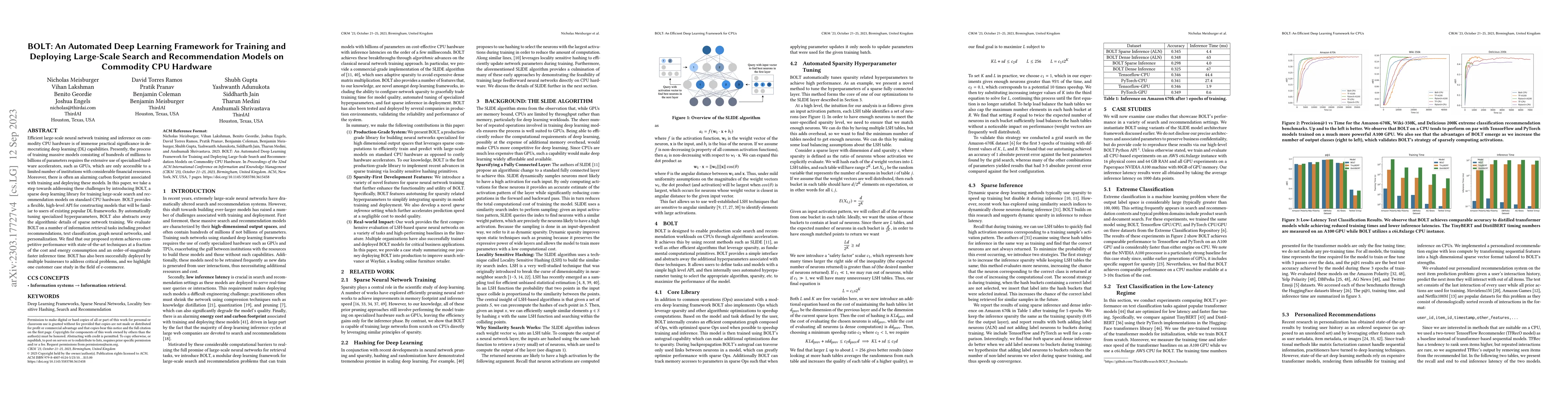 Thumbnail for BOLT: An Automated Deep Learning Framework for Training and Deploying
  Large-Scale Search and Recommendation Models on Commodity CPU Hardware