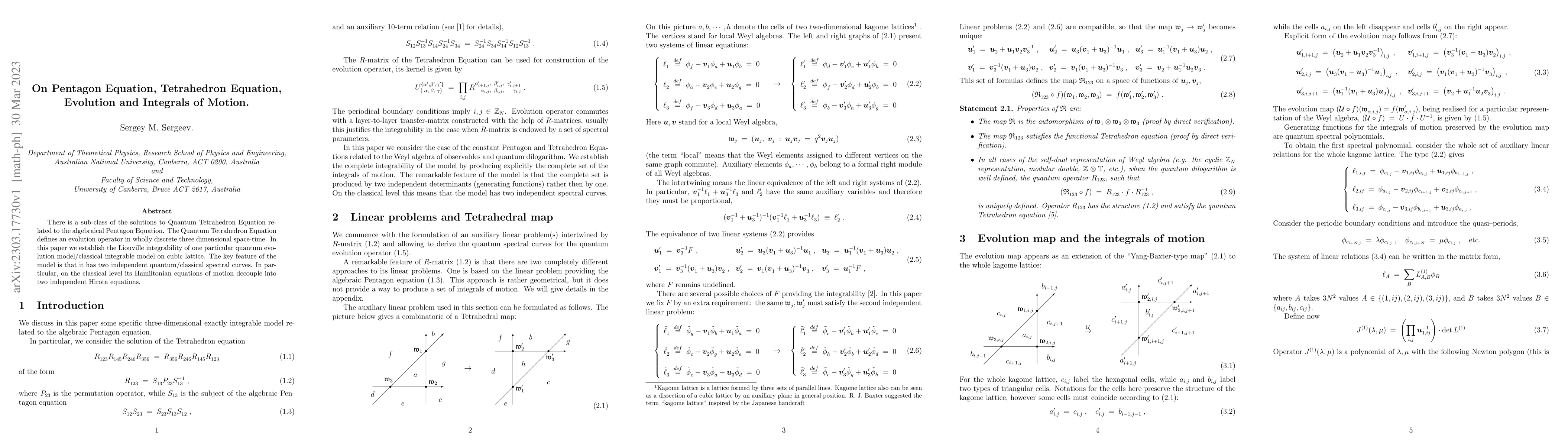 Thumbnail for On Pentagon Equation, Tetrahedron Equation, Evolution and Integrals of
  Motion