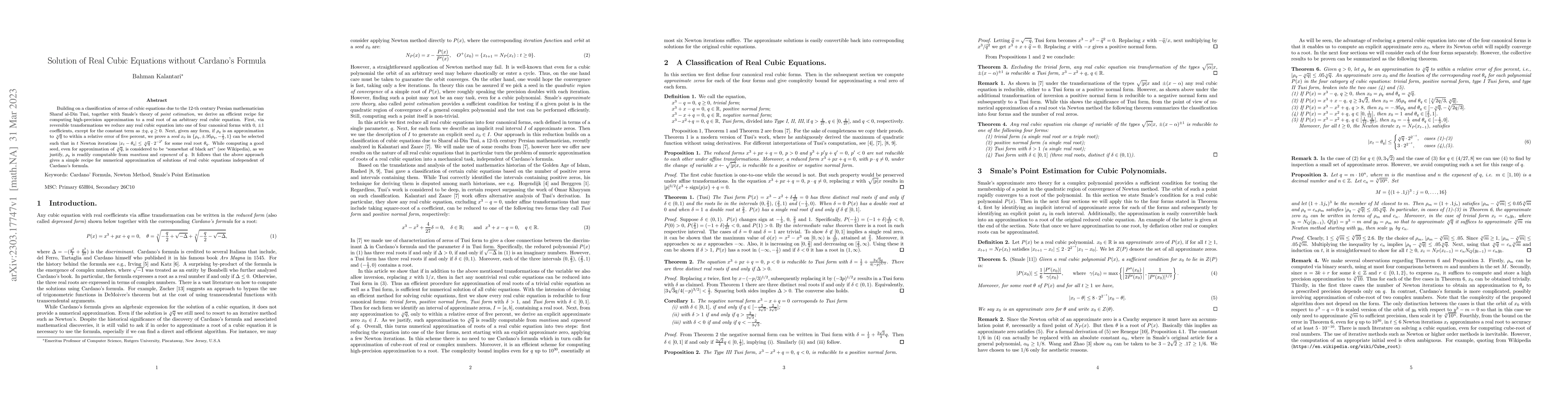 Thumbnail for Solution of Real Cubic Equations without Cardano's Formula