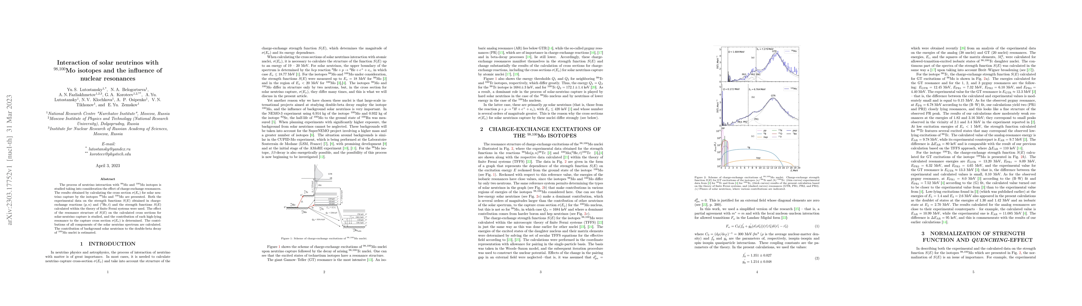 Thumbnail for Interaction of solar neutrinos with $^{98,100}$Mo isotopes and the
  influence of nuclear resonances