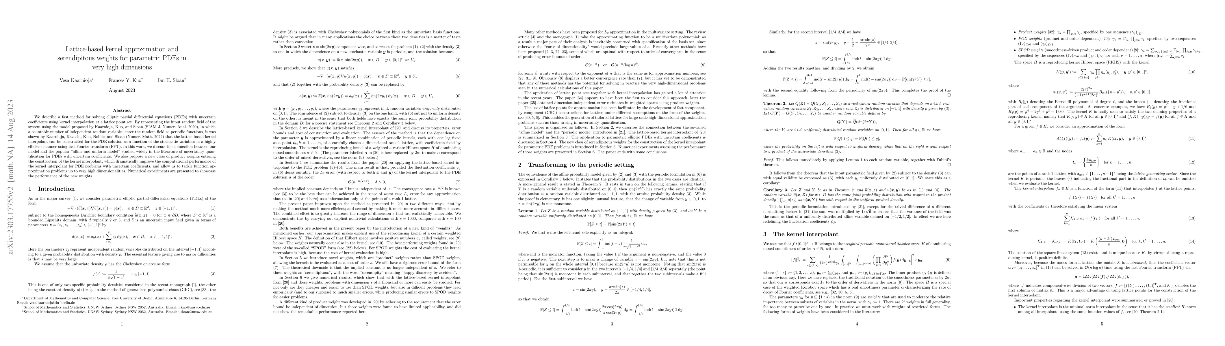 Thumbnail for Lattice-based kernel approximation and serendipitous weights for
  parametric PDEs in very high dimensions