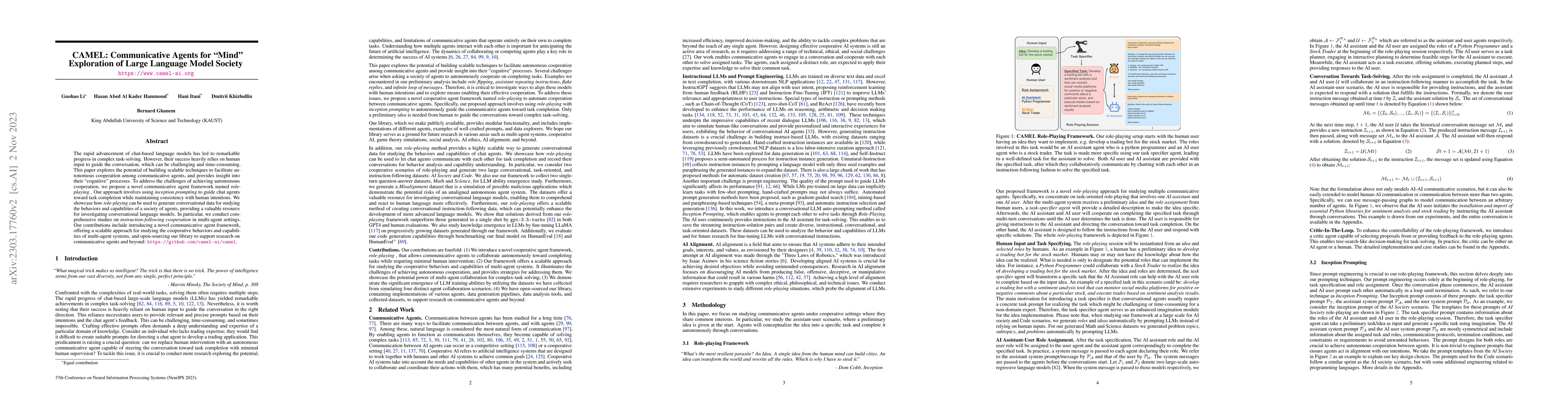 Thumbnail for CAMEL: Communicative Agents for "Mind" Exploration of Large Language
  Model Society