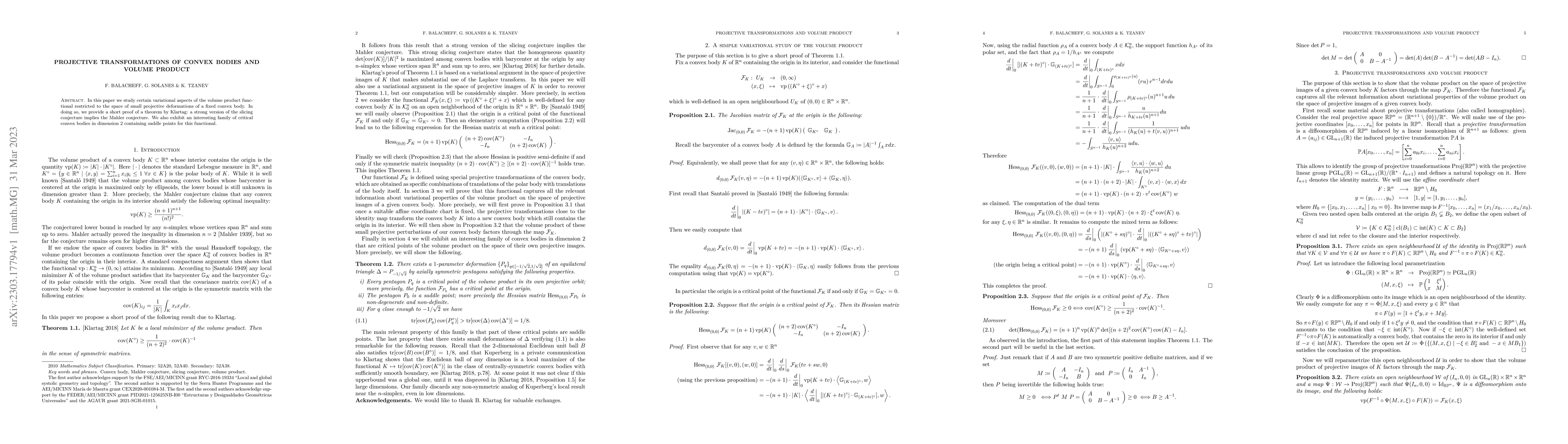 Thumbnail for Projective transformations of convex bodies and volume product