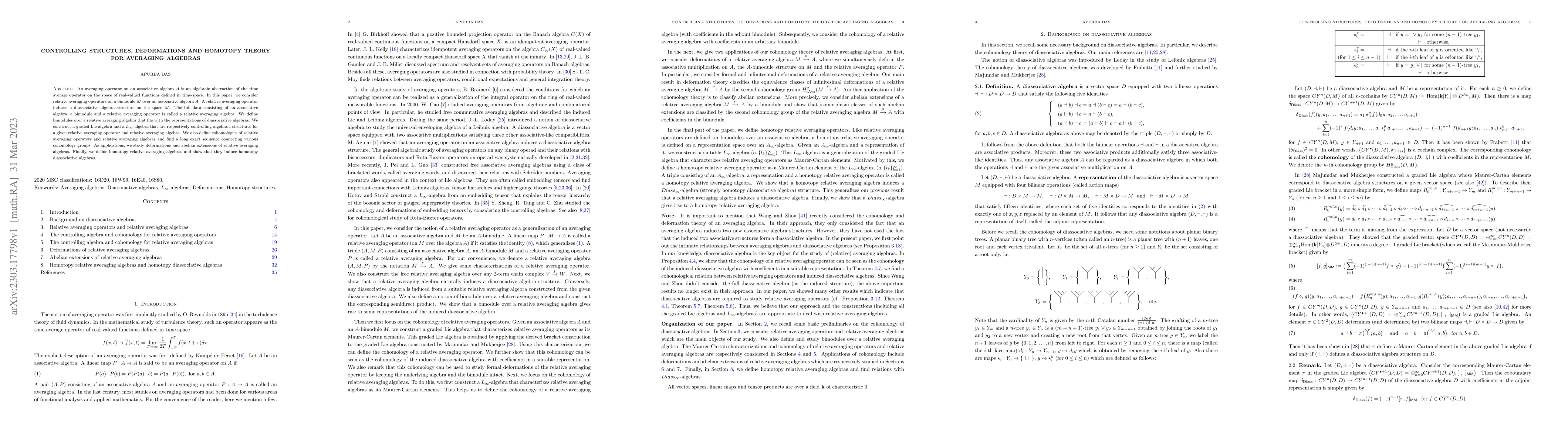 Thumbnail for Controlling structures, deformations and homotopy theory for averaging
  algebras