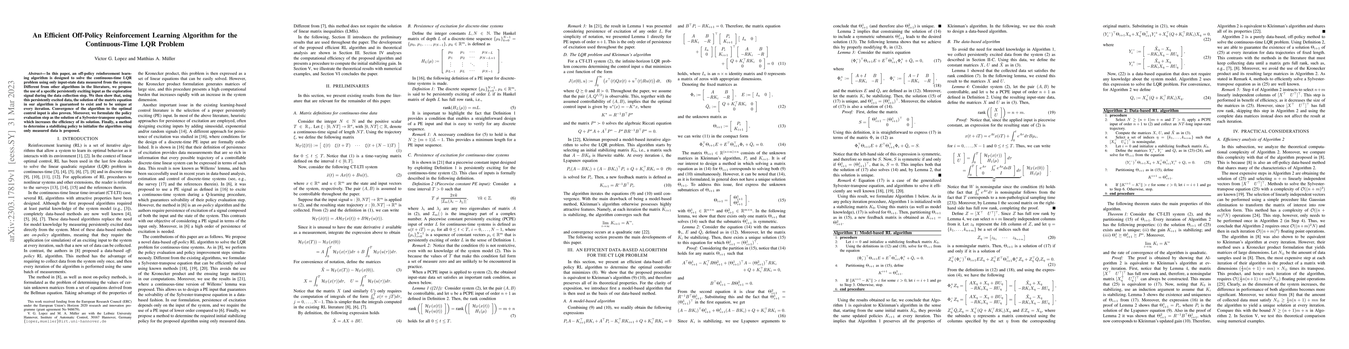 Thumbnail for An Efficient Off-Policy Reinforcement Learning Algorithm for the
  Continuous-Time LQR Problem