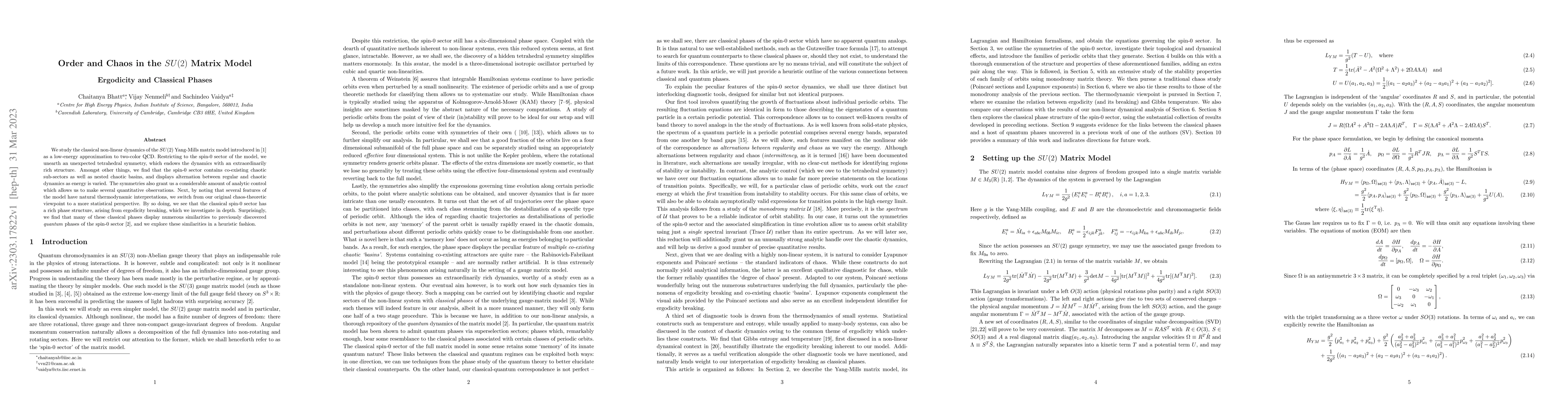 Thumbnail for Order and Chaos in the $SU(2)$ Matrix Model: Ergodicity and Classical
  Phases