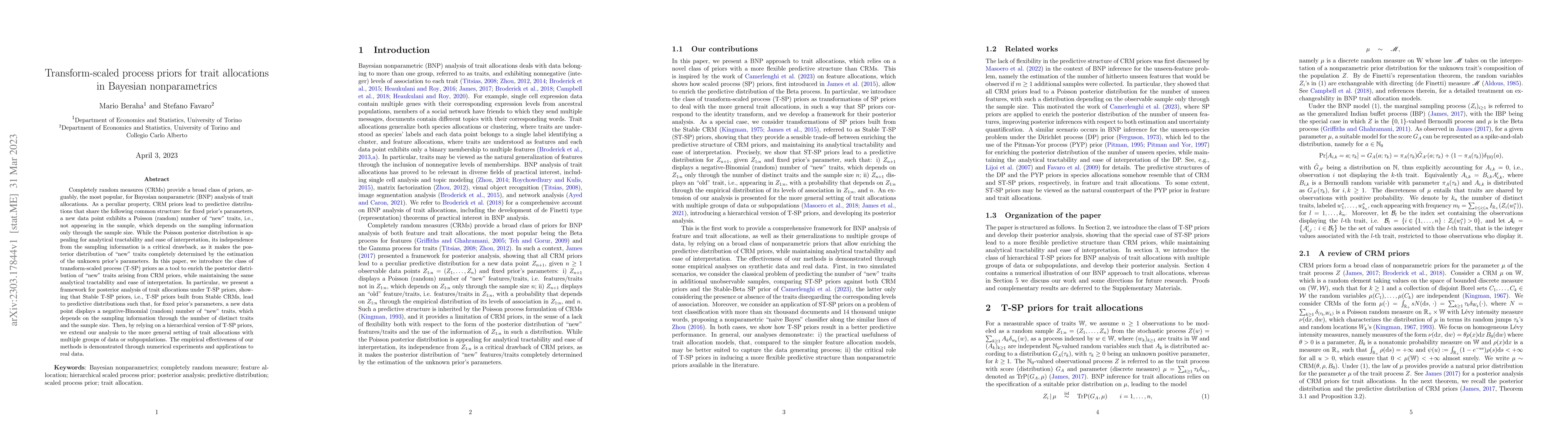 Thumbnail for Transform-scaled process priors for trait allocations in Bayesian
  nonparametrics