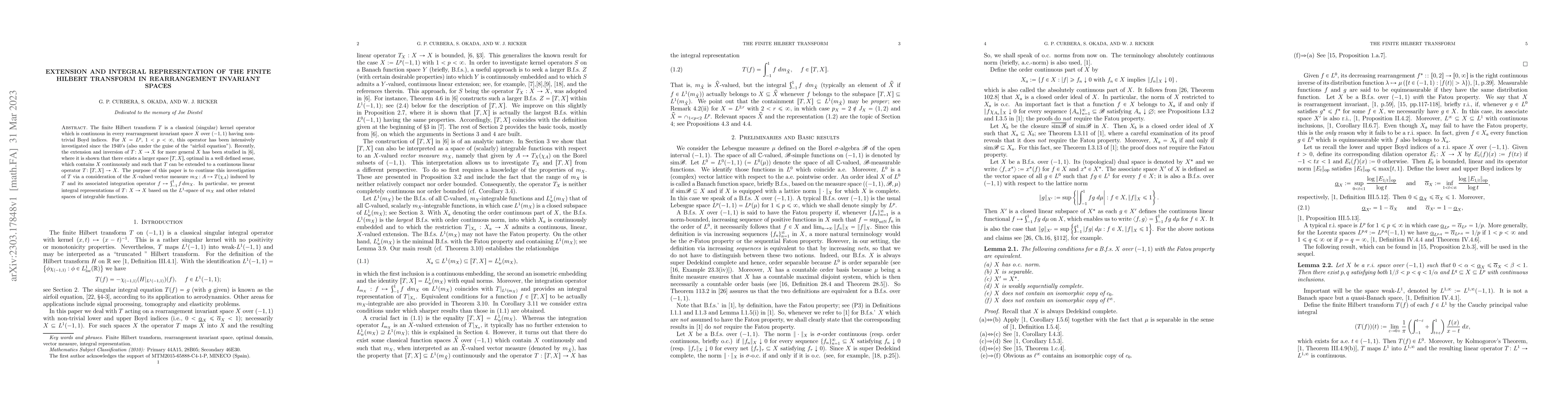 Thumbnail for Extension and Integral Representation of the finite Hilbert Transform In
  Rearrangement Invariant Spaces