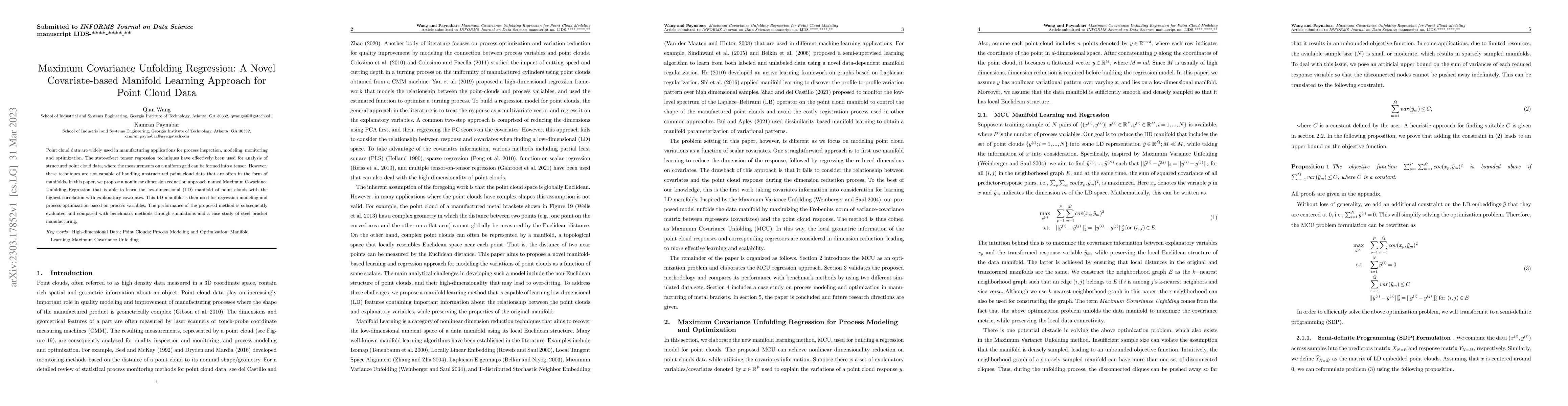 Thumbnail for Maximum Covariance Unfolding Regression: A Novel Covariate-based
  Manifold Learning Approach for Point Cloud Data