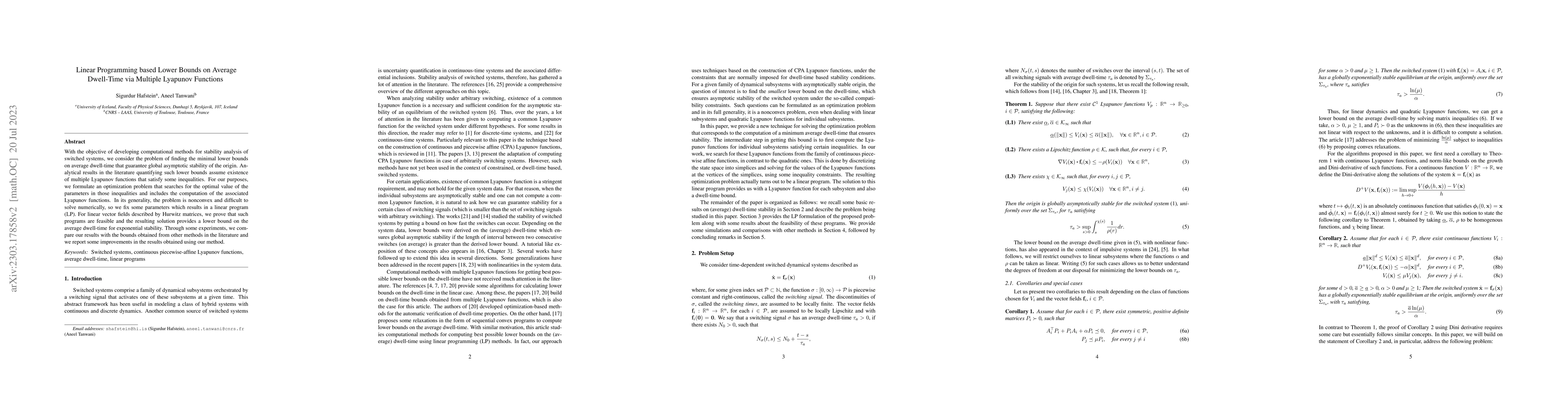 Thumbnail for Linear Programming based Lower Bounds on Average Dwell-Time via Multiple
  Lyapunov Functions