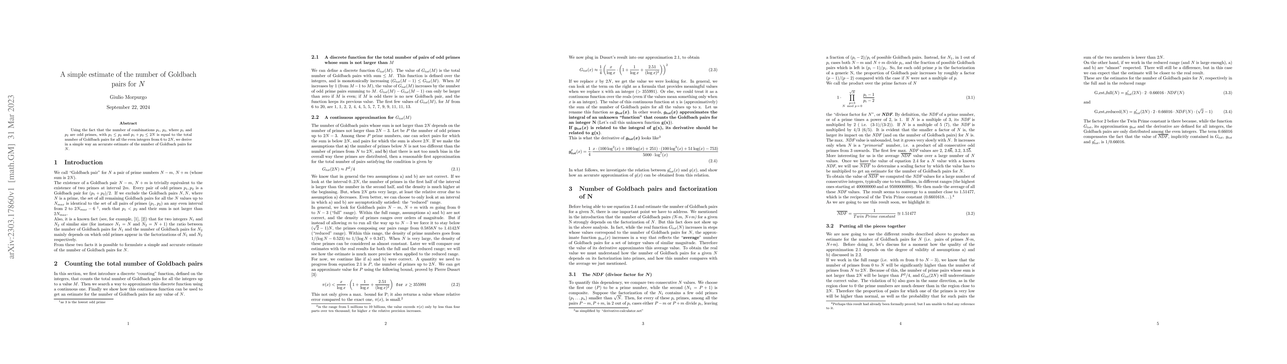 Thumbnail for A simple estimate of the number of Goldbach pairs for N