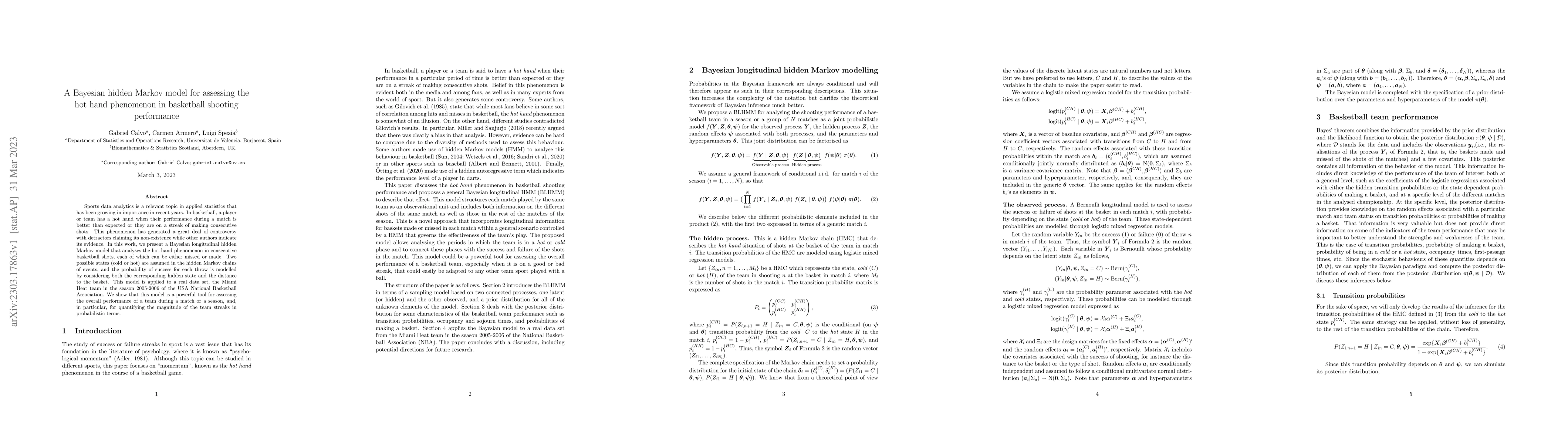 Thumbnail for A Bayesian hidden Markov model for assessing the hot hand phenomenon in
  basketball shooting performance