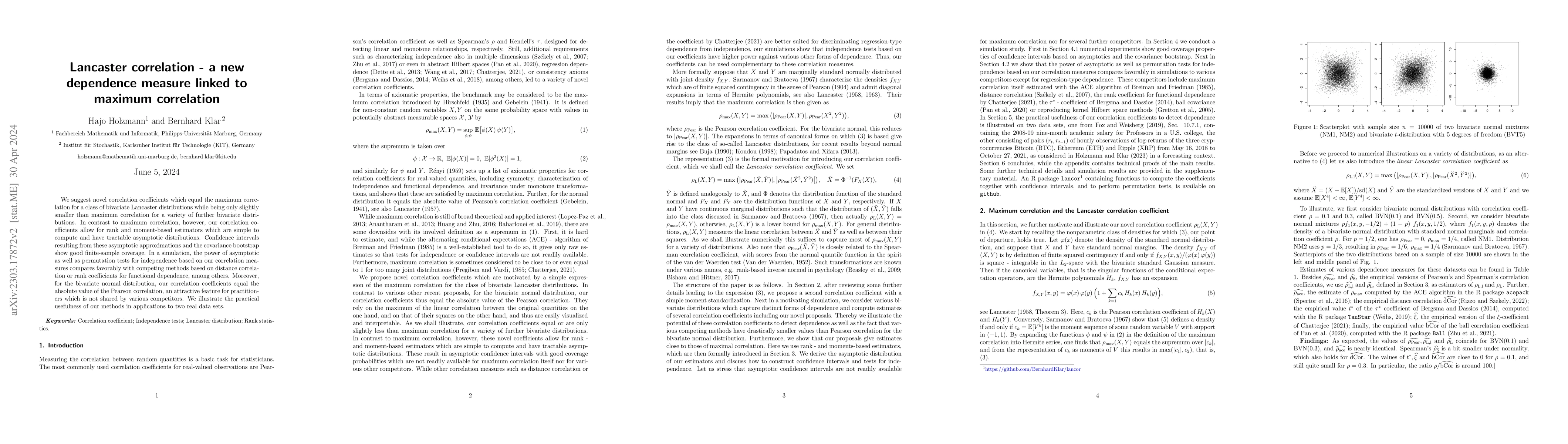 Thumbnail for Lancaster correlation -- a new dependence measure linked to maximum
  correlation