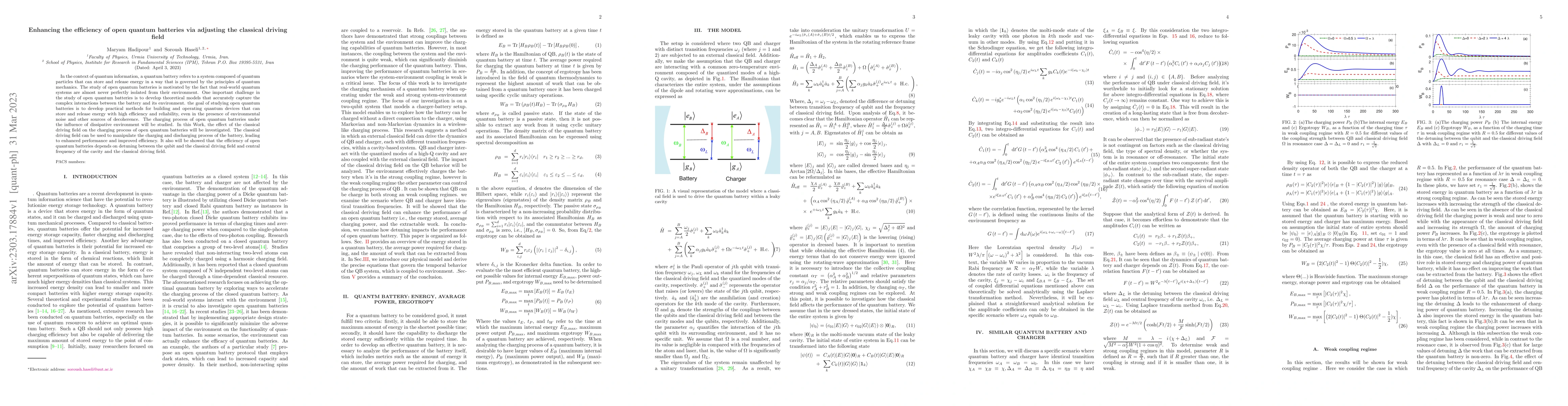 Thumbnail for Enhancing the efficiency of open quantum batteries via adjusting the
  classical driving field