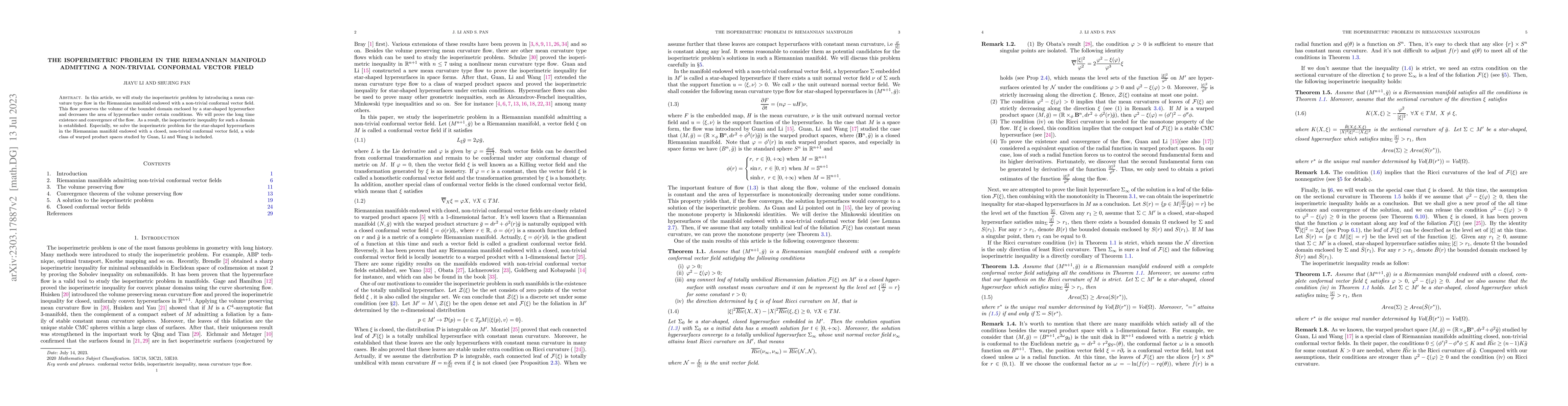 Thumbnail for The isoperimetric problem in the Riemannian manifold admitting a
  non-trivial conformal vector field