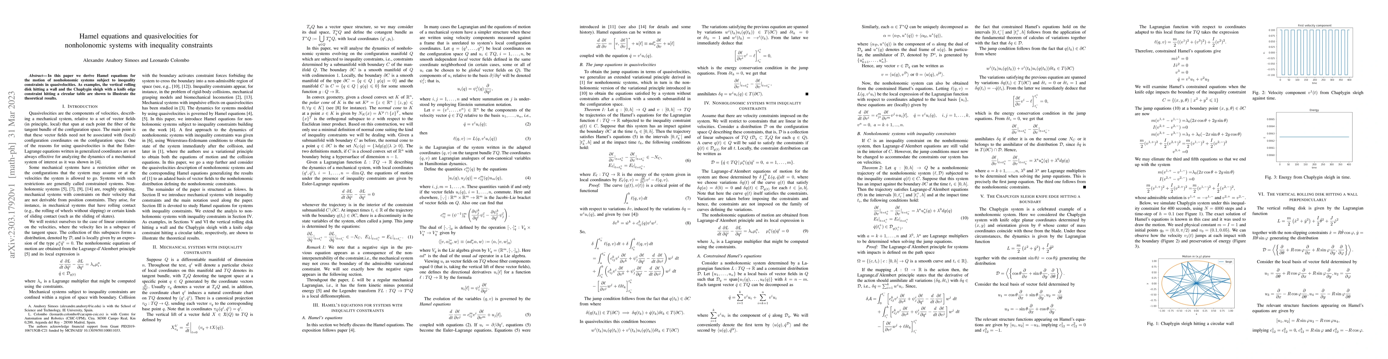 Thumbnail for Hamel equations and quasivelocities for nonholonomic systems with
  inequality constraints
