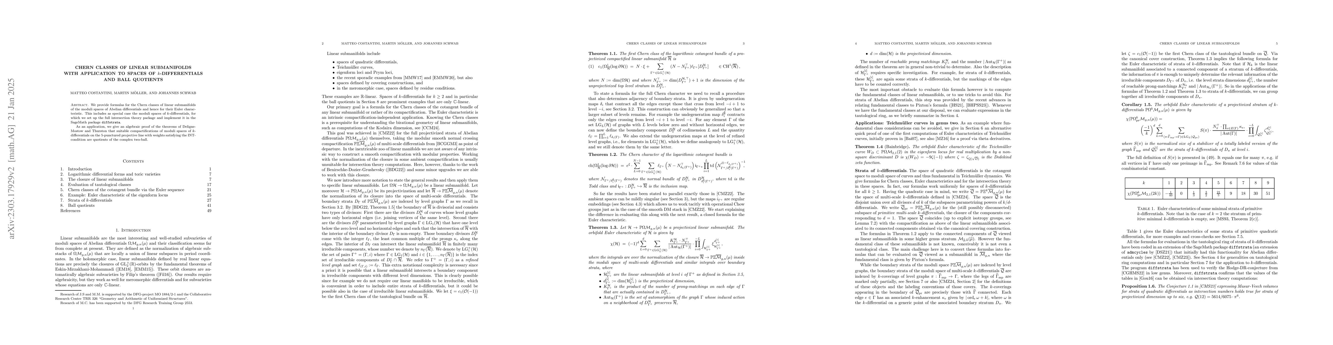Thumbnail for Chern classes of linear submanifolds with application to spaces of
  k-differentials and ball quotients