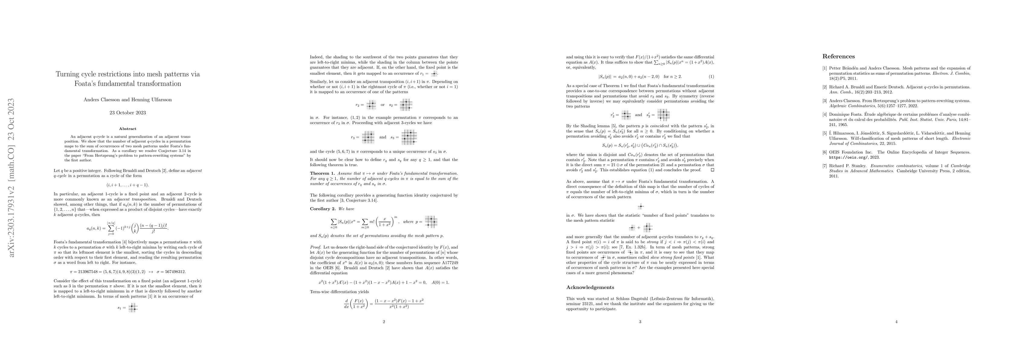 Thumbnail for Turning cycle restrictions into mesh patterns via Foata's fundamental
  transformation