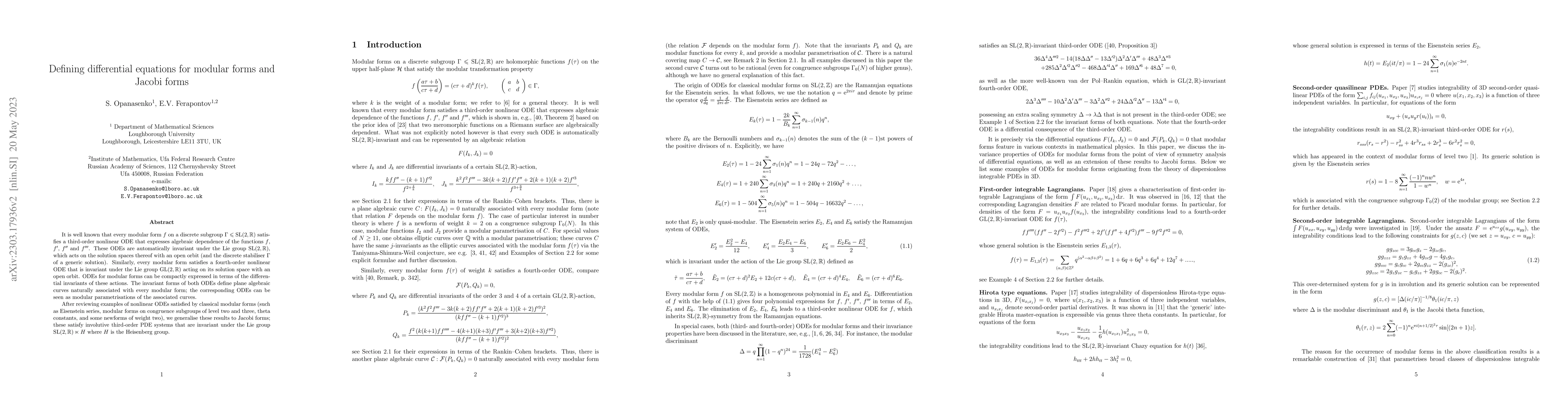 Thumbnail for Defining differential equations for modular forms and Jacobi forms