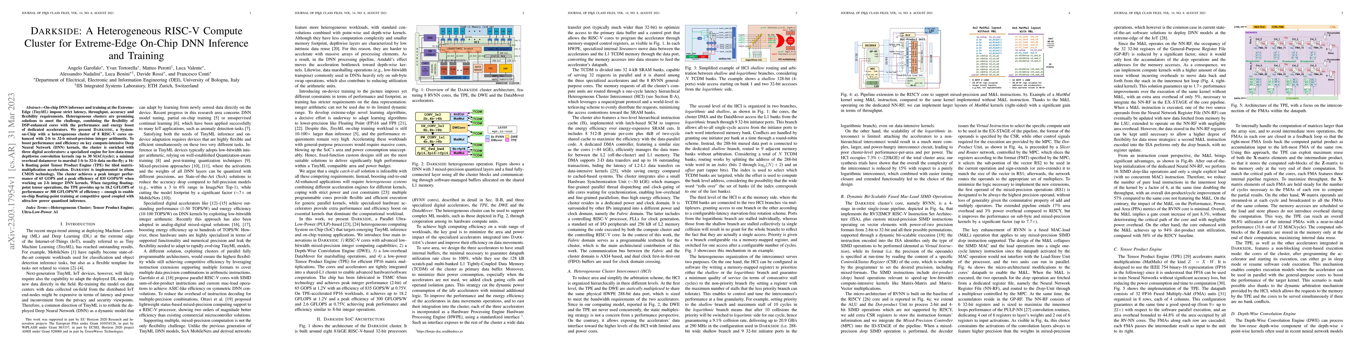 Thumbnail for DARKSIDE: A Heterogeneous RISC-V Compute Cluster for Extreme-Edge
  On-Chip DNN Inference and Training