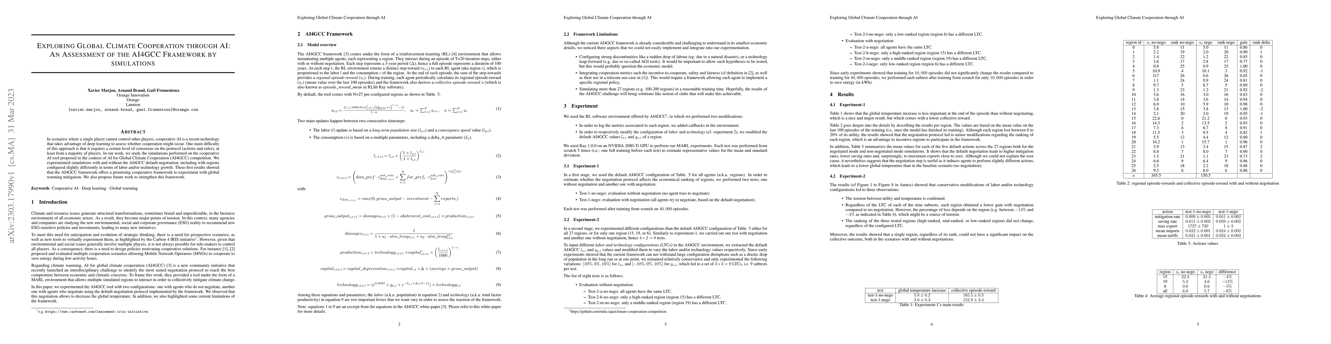 Thumbnail for Exploring Global Climate Cooperation through AI: An Assessment of the
  AI4GCC Framework by simulations
