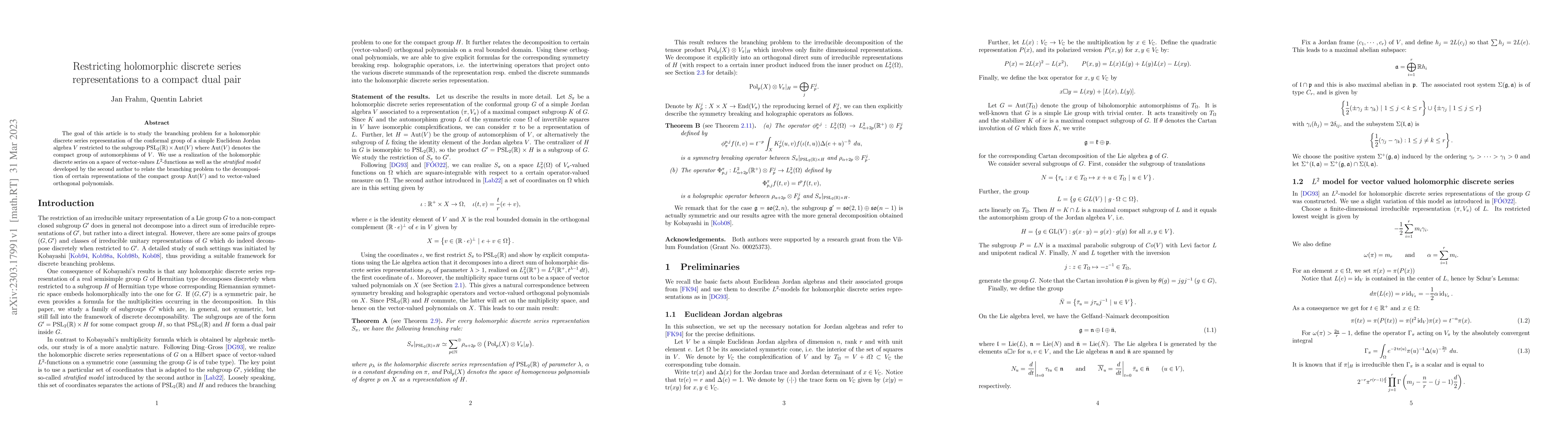 Thumbnail for Restricting holomorphic discrete series representations to a compact
  dual pair