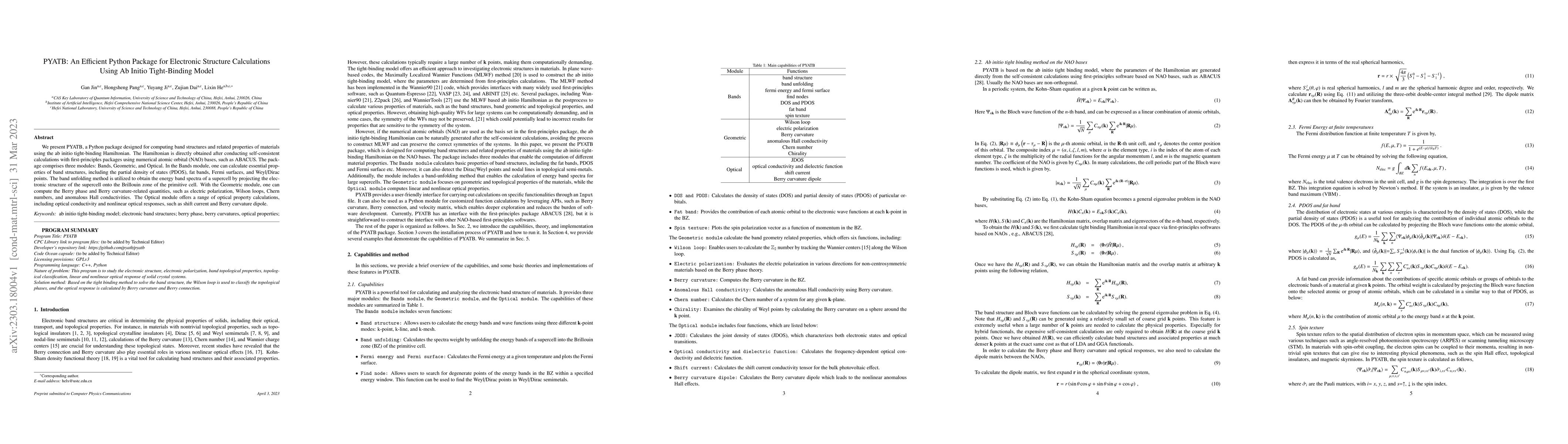 Thumbnail for PYATB: An Efficient Python Package for Electronic Structure Calculations
  Using Ab Initio Tight-Binding Model
