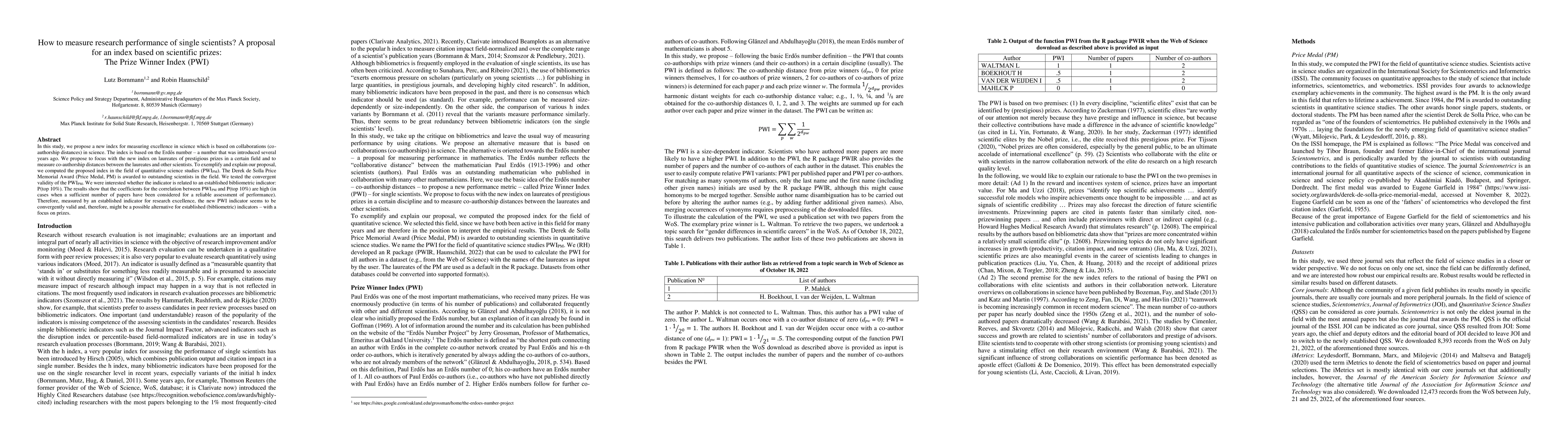 Thumbnail for How to measure research performance of single scientists? A proposal for
  an index based on scientific prizes: The Prize Winner Index (PWI)