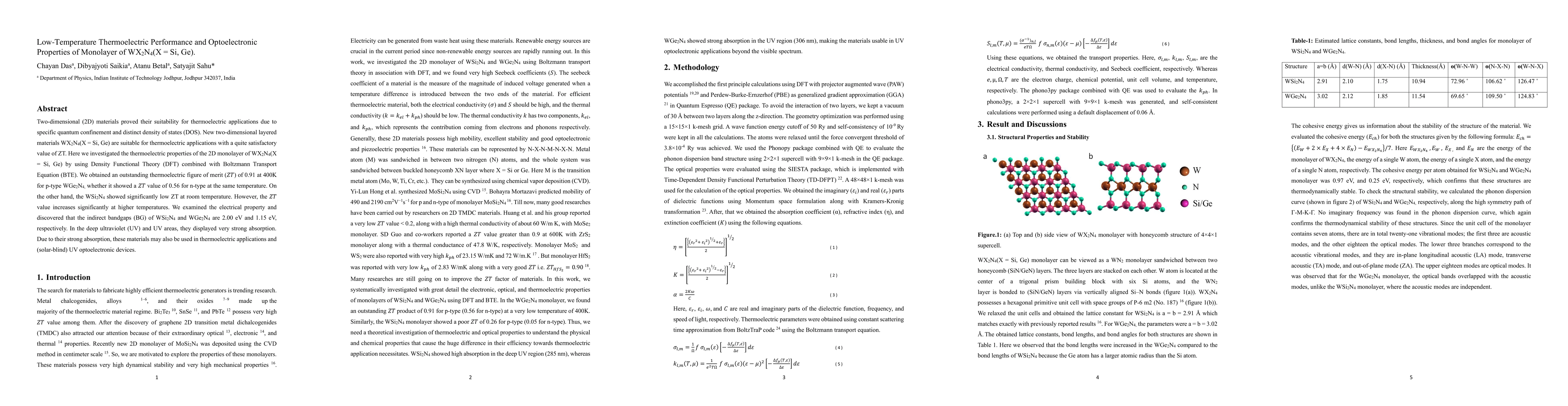 Thumbnail for Low-Temperature Thermoelectric Performance and Optoelectronic Properties
  of Monolayer of WX2N4(X = Si, Ge)
