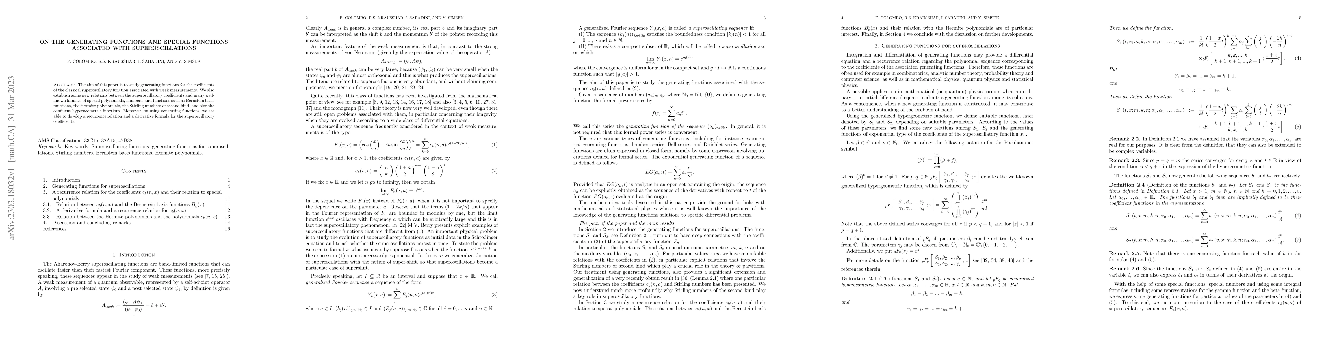 Thumbnail for On the generating functions and special functions associated with
  superoscillations