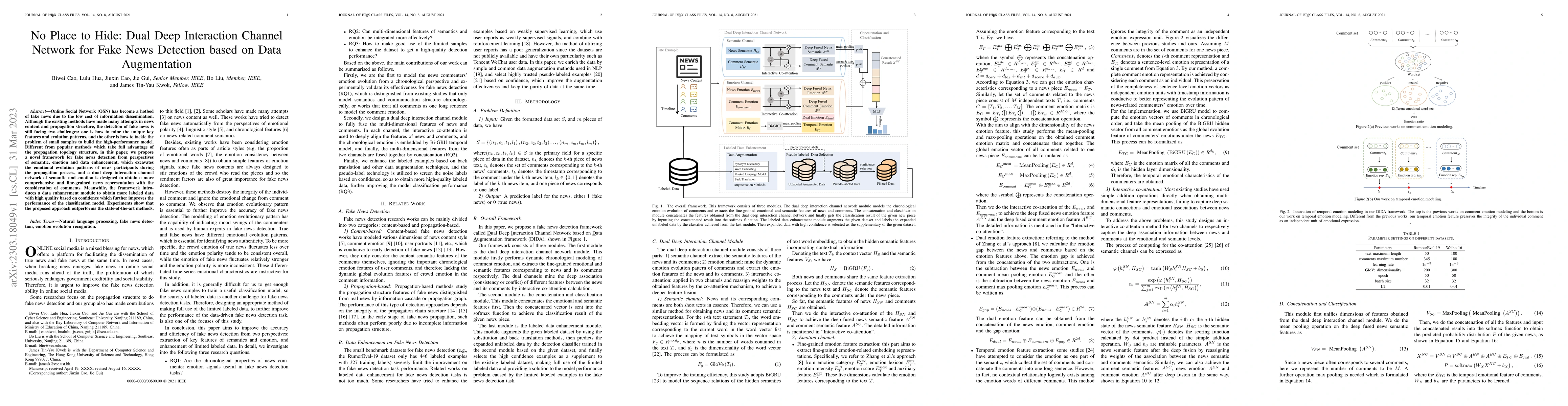 Thumbnail for No Place to Hide: Dual Deep Interaction Channel Network for Fake News
  Detection based on Data Augmentation