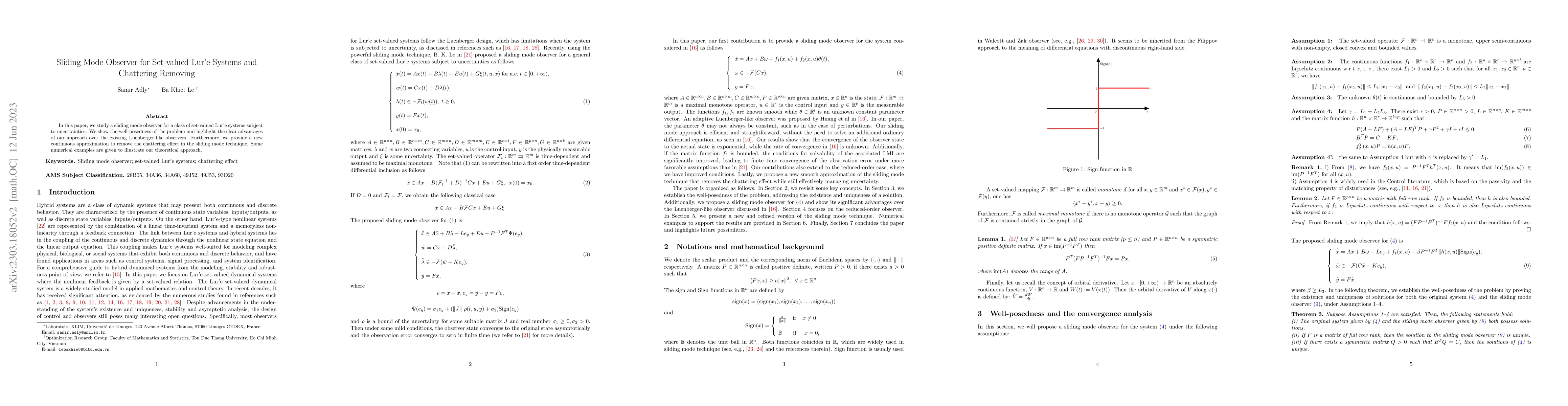 Thumbnail for Sliding Mode Observer for Set-valued Lur'e Systems and Chattering
  Removing