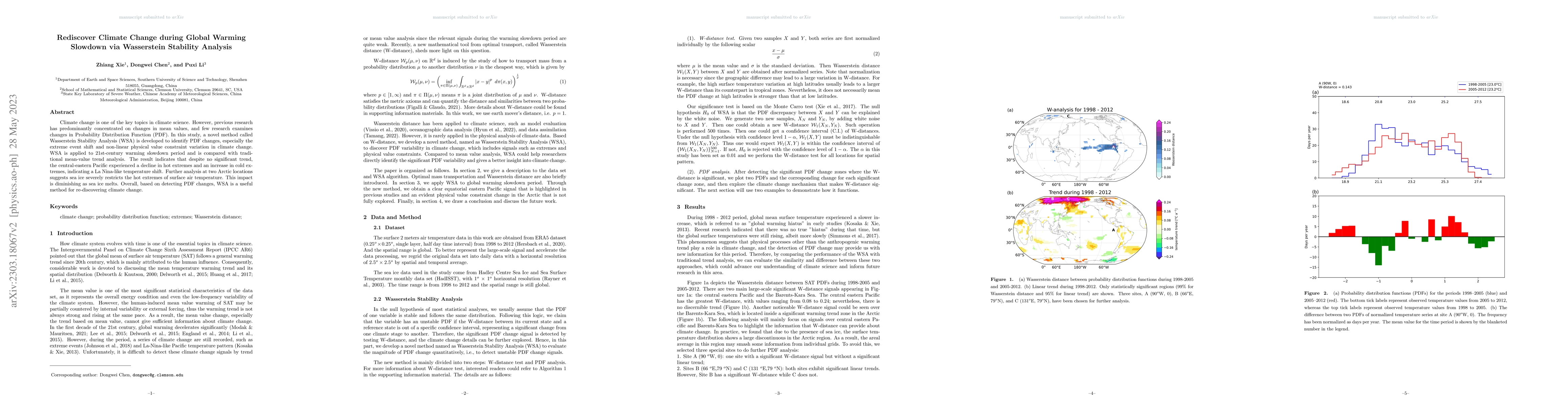 Thumbnail for Rediscover Climate Change during Global Warming Slowdown via Wasserstein
  Stability Analysis