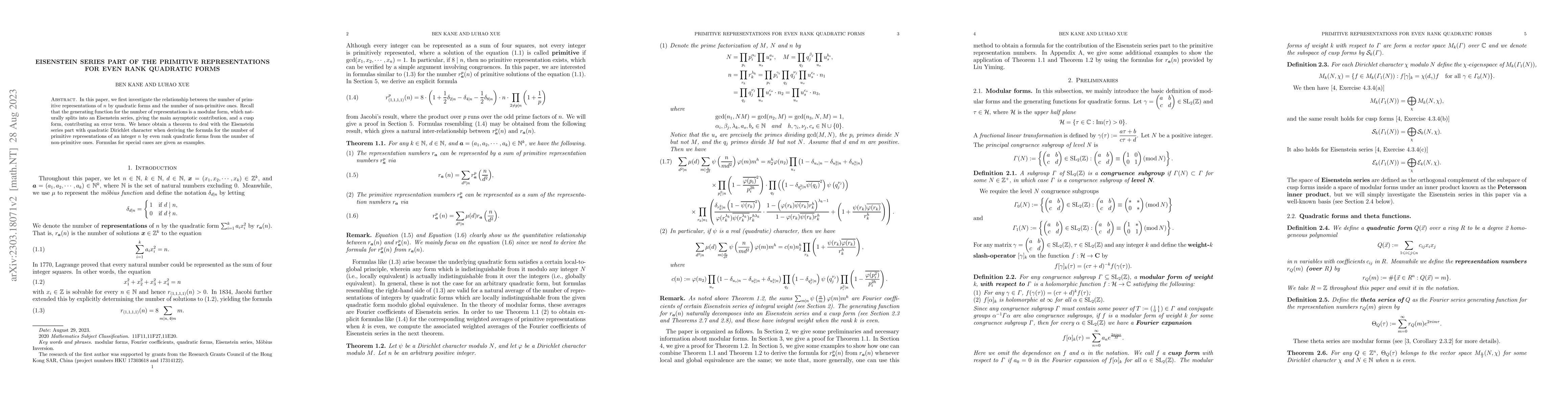 Thumbnail for Eisenstein series part of the primitive representations for even rank
  quadratic forms