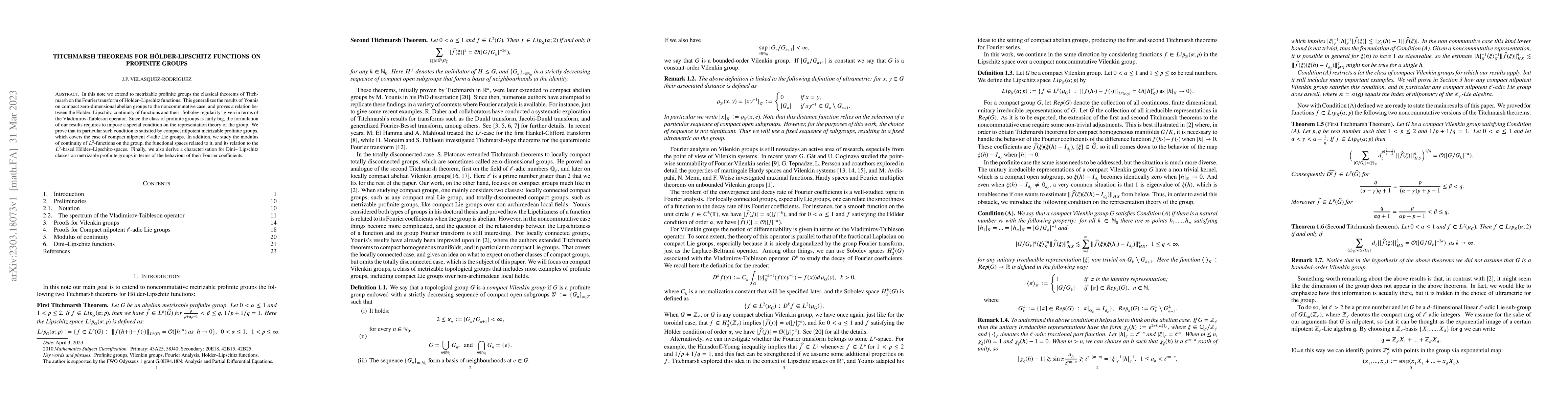 Thumbnail for Titchmarsh Theorems for H\"older-Lipschitz functions on profinite groups