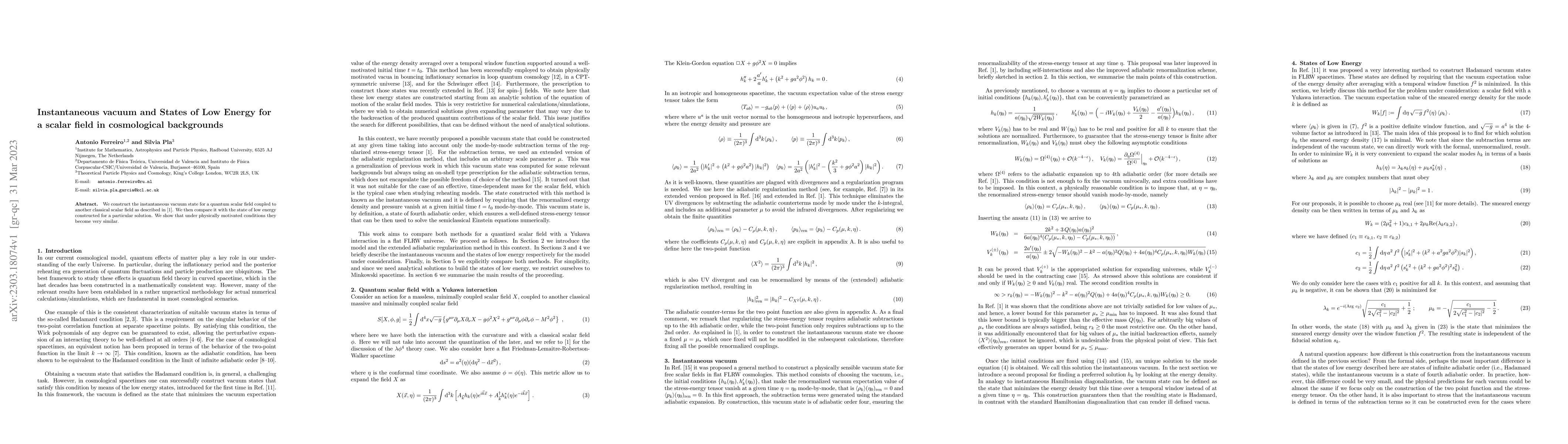 Thumbnail for Instantaneous vacuum and States of Low Energy for a scalar field in
  cosmological backgrounds