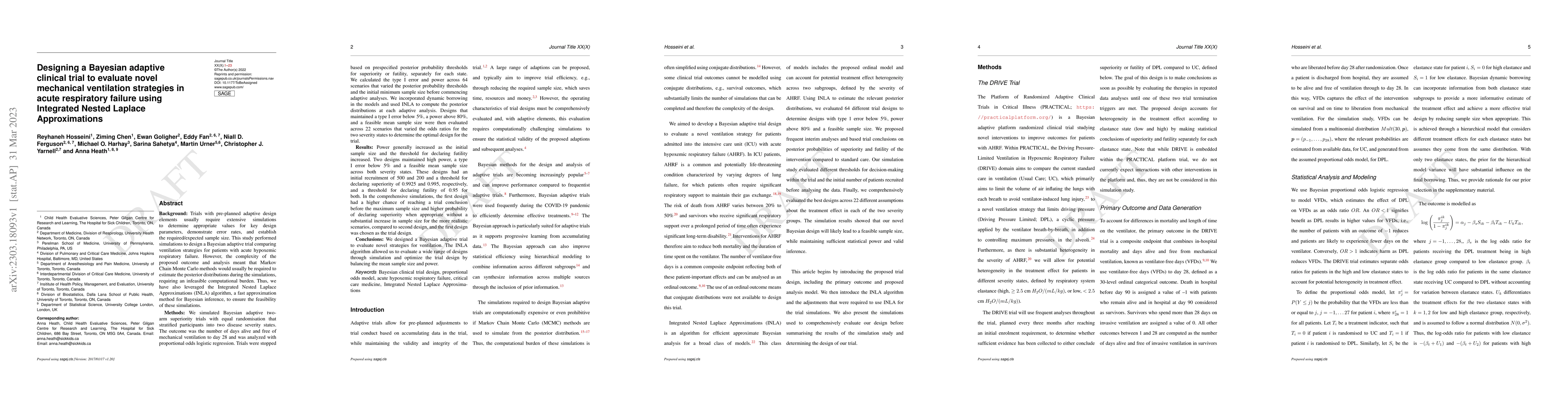 Thumbnail for Designing a Bayesian adaptive clinical trial to evaluate novel
  mechanical ventilation strategies in acute respiratory failure using
  Integrated Nested Laplace Approximations