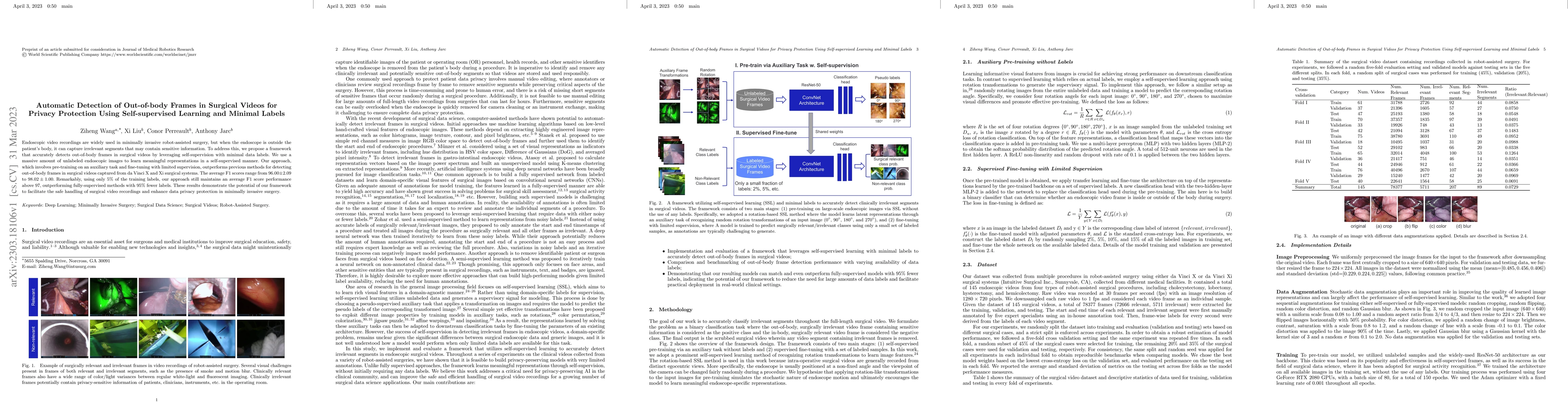 Thumbnail for Automatic Detection of Out-of-body Frames in Surgical Videos for Privacy
  Protection Using Self-supervised Learning and Minimal Labels